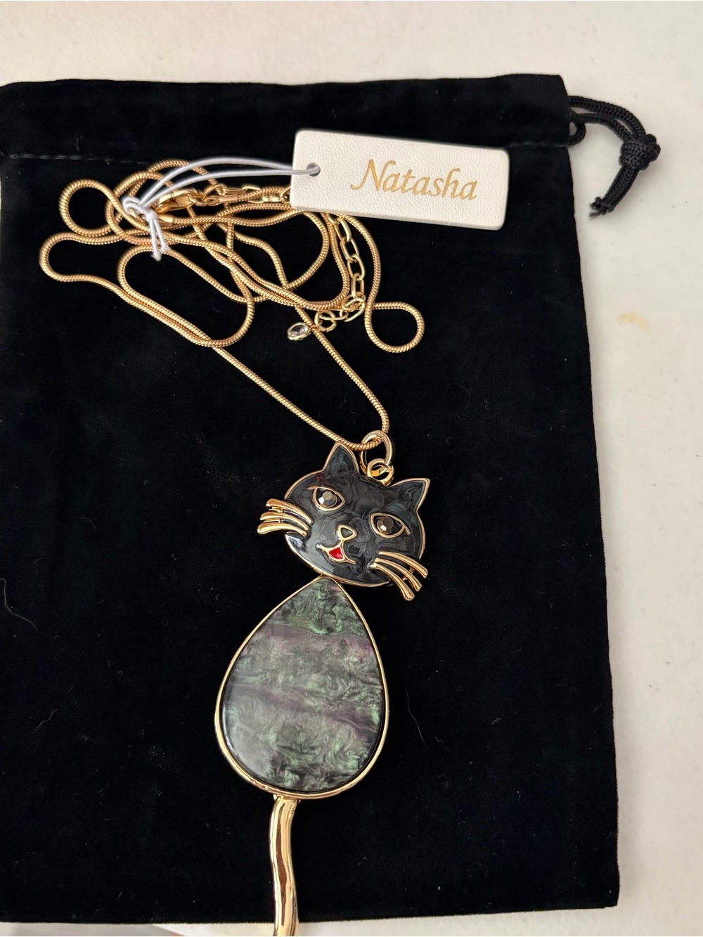 Natasha Couture Black and Gold Cat Pendant Necklace with Iridescent Teardrop